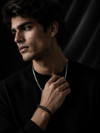 Rhodium Plated Herringbone Chain & Black Woven Bracelet Combo