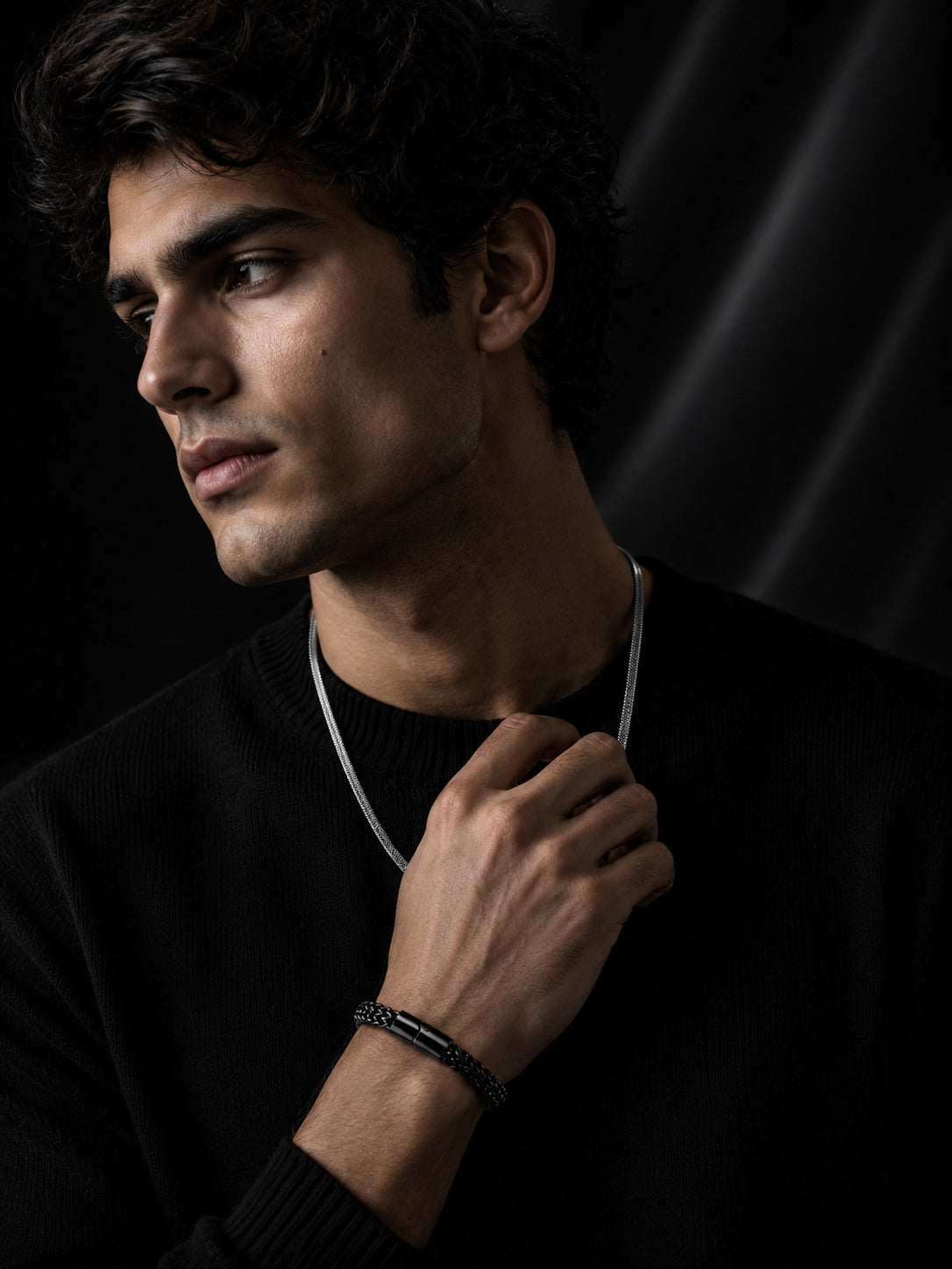 Rhodium Plated Herringbone Chain & Black Woven Bracelet Combo