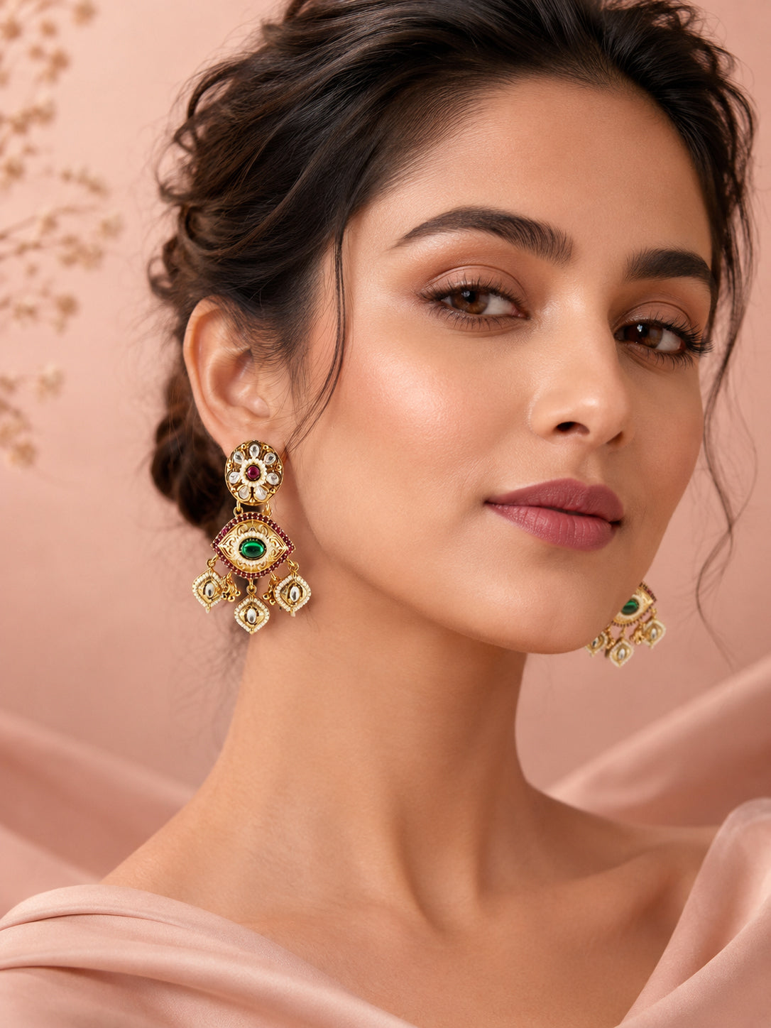 Aanura Gold-Plated Green Ruby Floral Drop Earrings