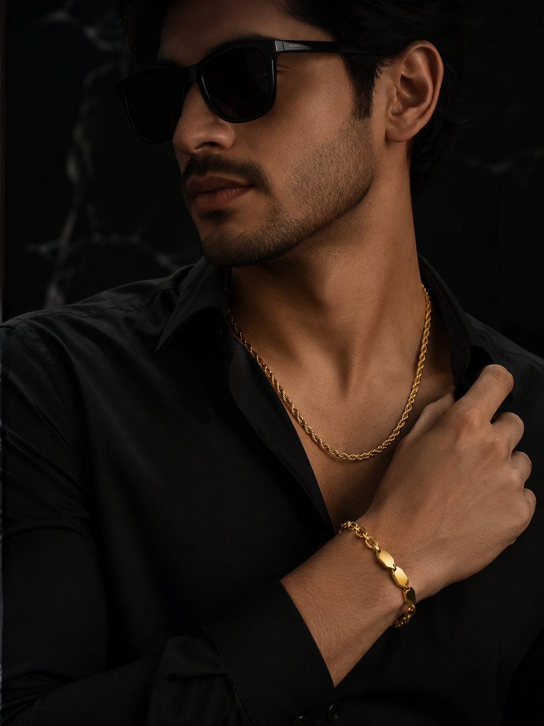 18K Gold Plated Rope Chain & Link Bracelet Combo for Men
