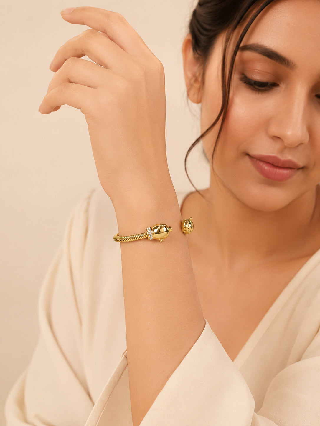 Panther Head Gold Open Cuff Bracelet