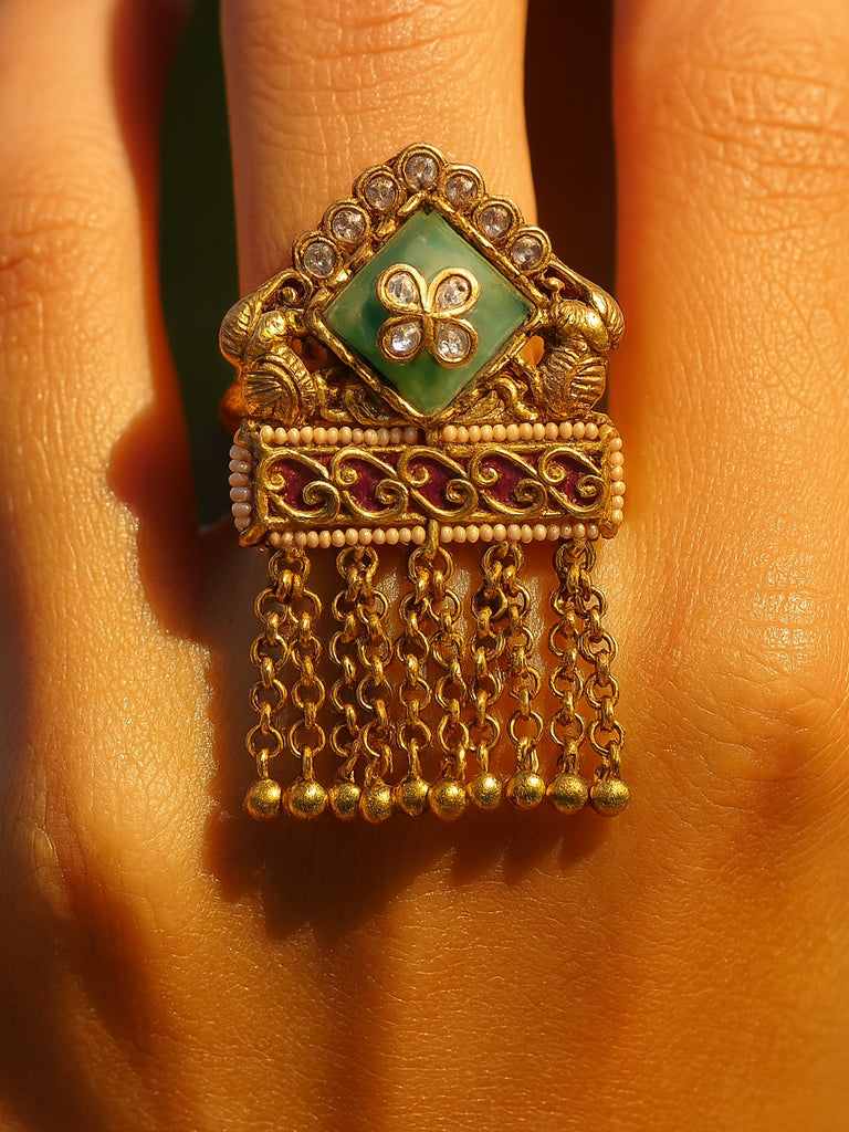 Aanura Gold-Plated Green Kundan Tassel Ring