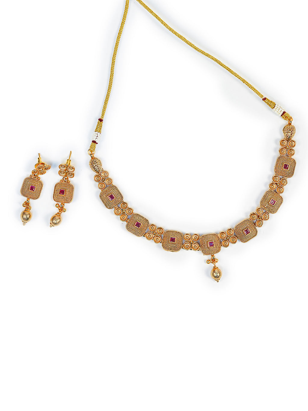 Aanura Gold Plated Ruby Grid Necklace Set