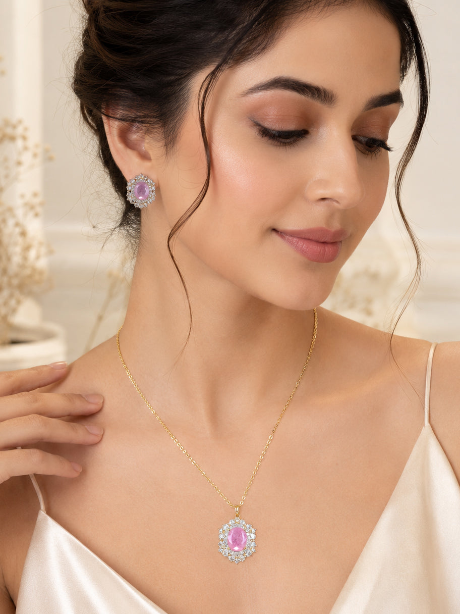 Aanura Pink Oval Halo Necklace & Earrings Set