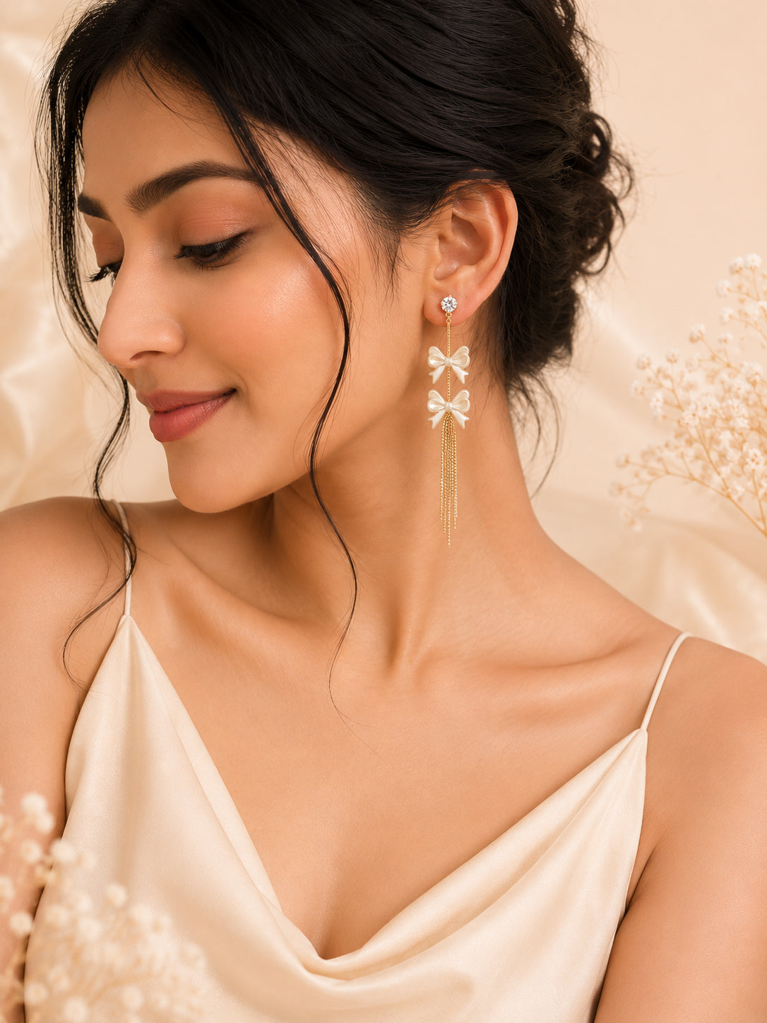 Aanura Pearl Bow Tassel Gold Drop Earrings