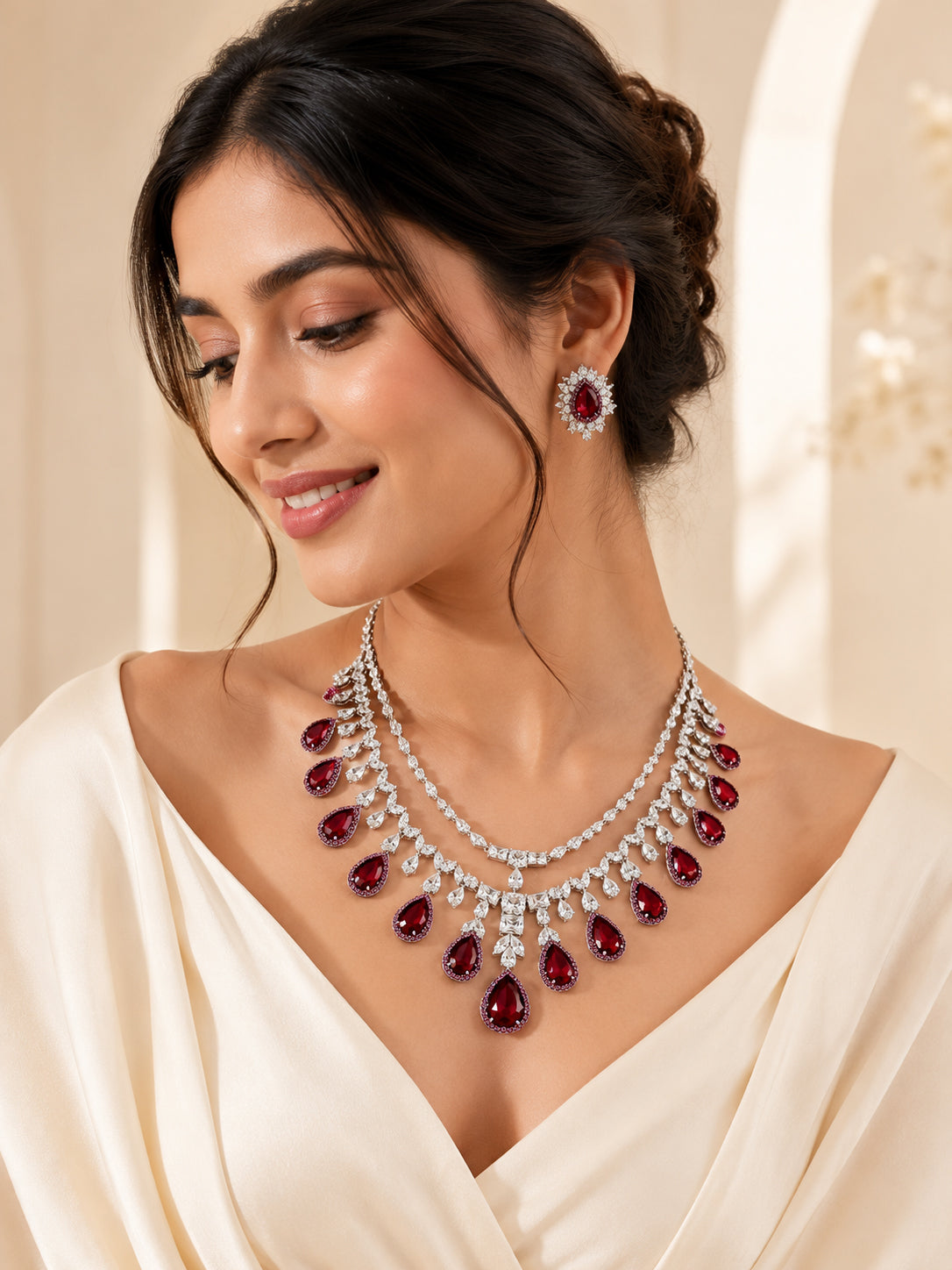Aanura Ruby Teardrop Layered Necklace Set Stainless Steel