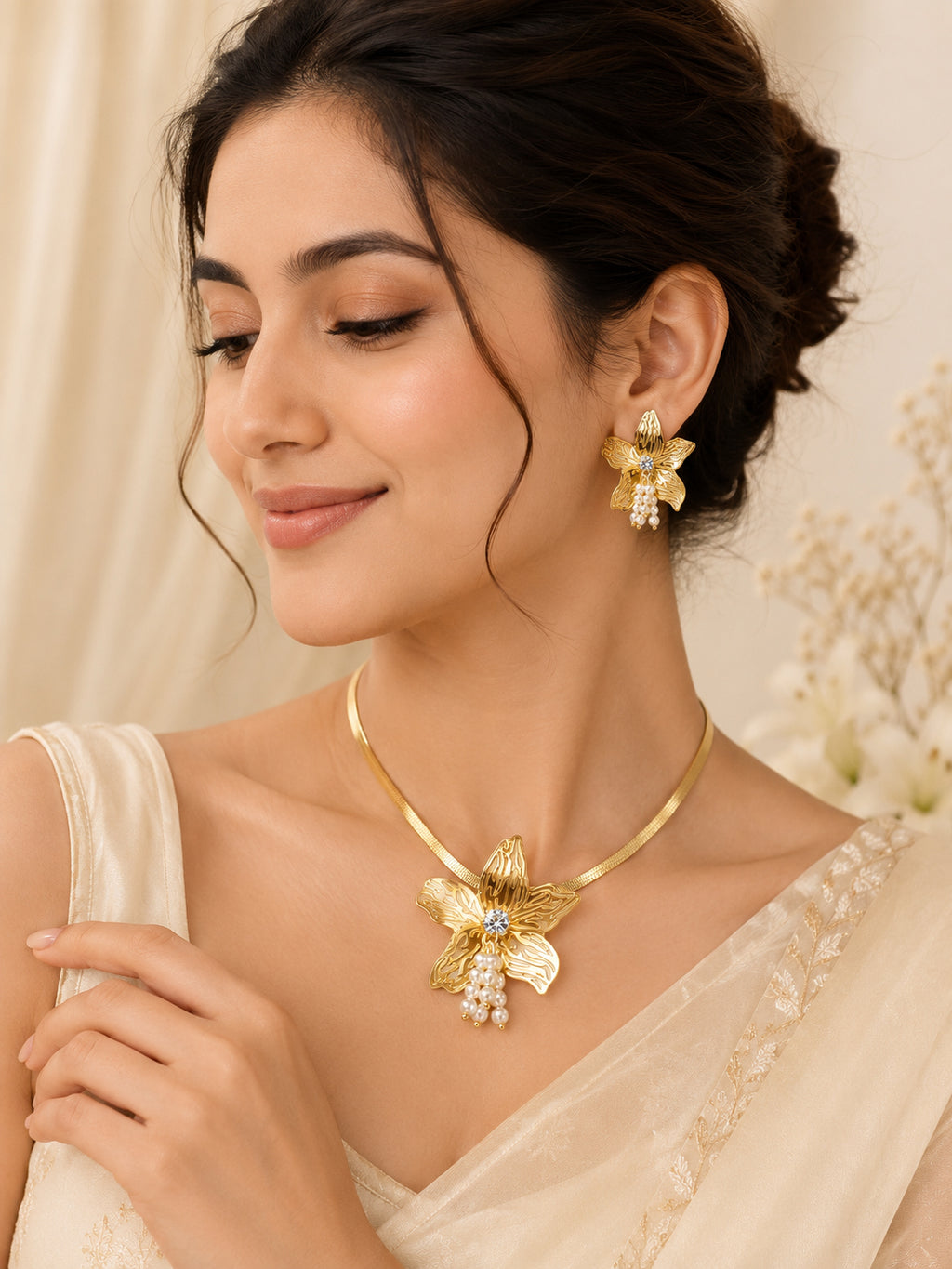Aanura Orchid Gold Necklace & Earrings Set