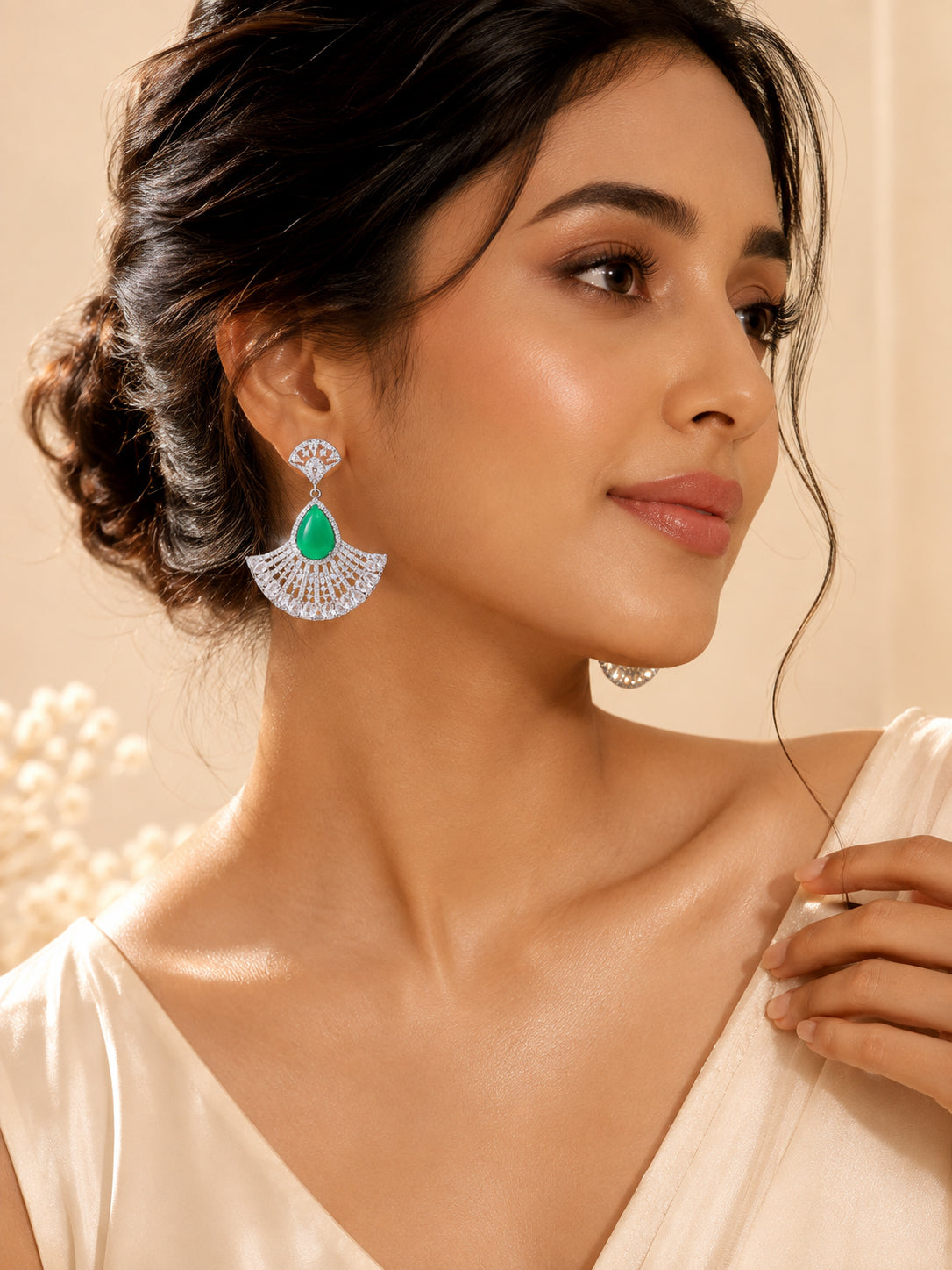 Aanura Silver Green Teardrop Fan Statement Earrings
