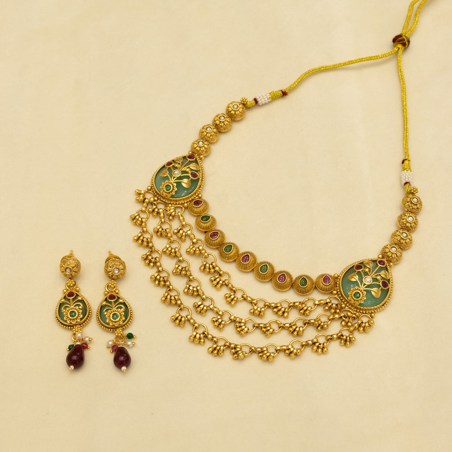 Aanura Layered Gold Necklace Set with Pearl Drop Earrings