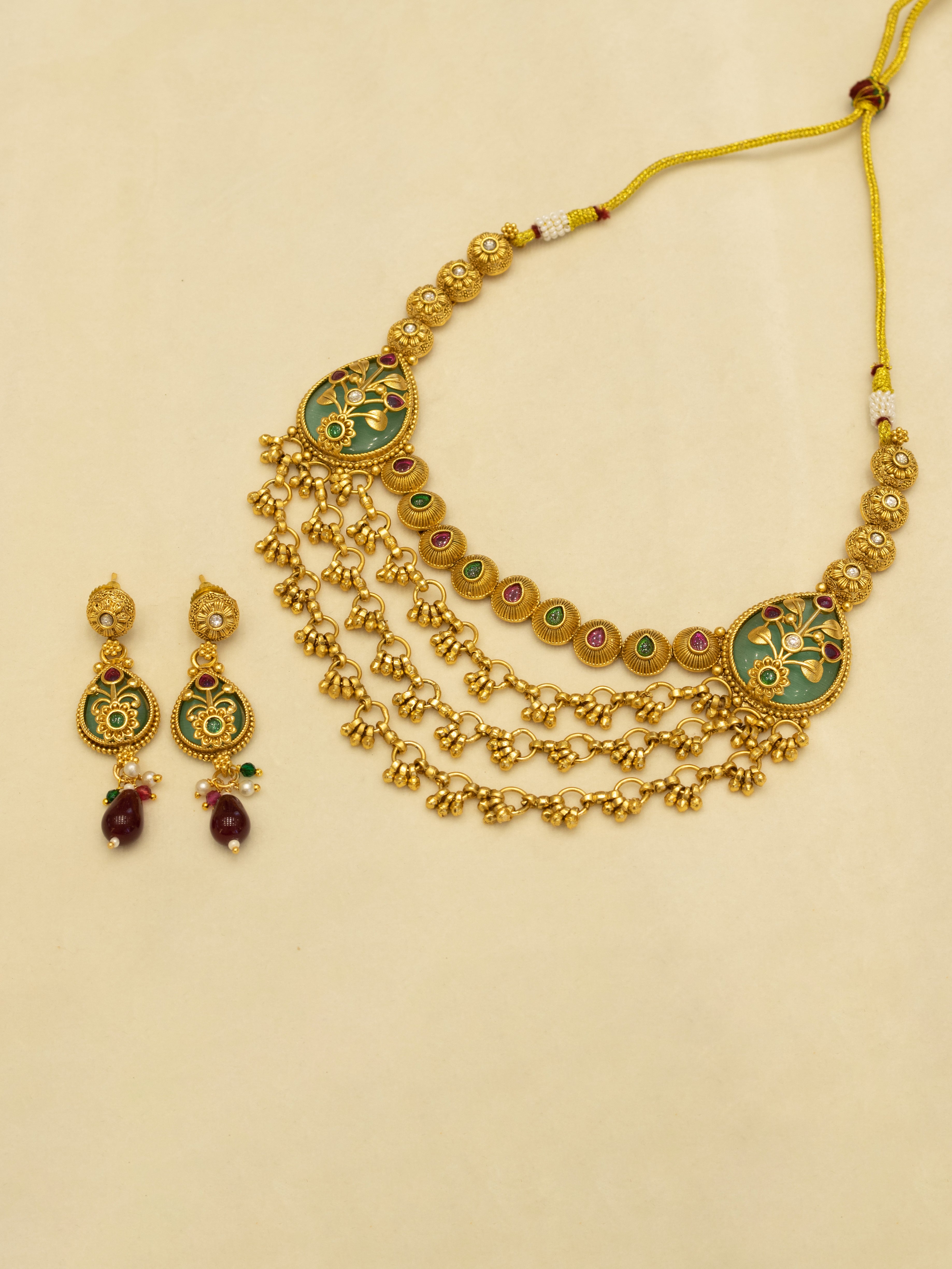 Aanura Layered Gold Necklace Set with Pearl Drop Earrings