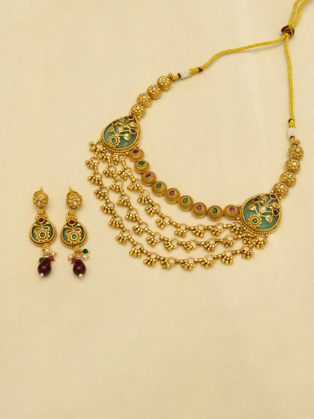 Aanura Layered Gold Necklace Set with Pearl Drop Earrings