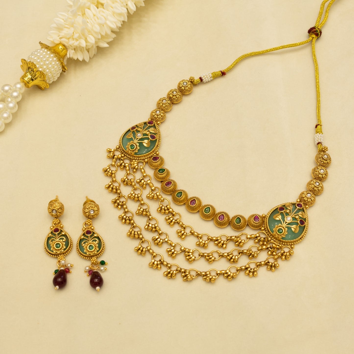 Aanura Layered Gold Necklace Set with Pearl Drop Earrings