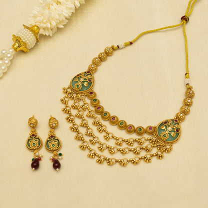 Aanura Layered Gold Necklace Set with Pearl Drop Earrings