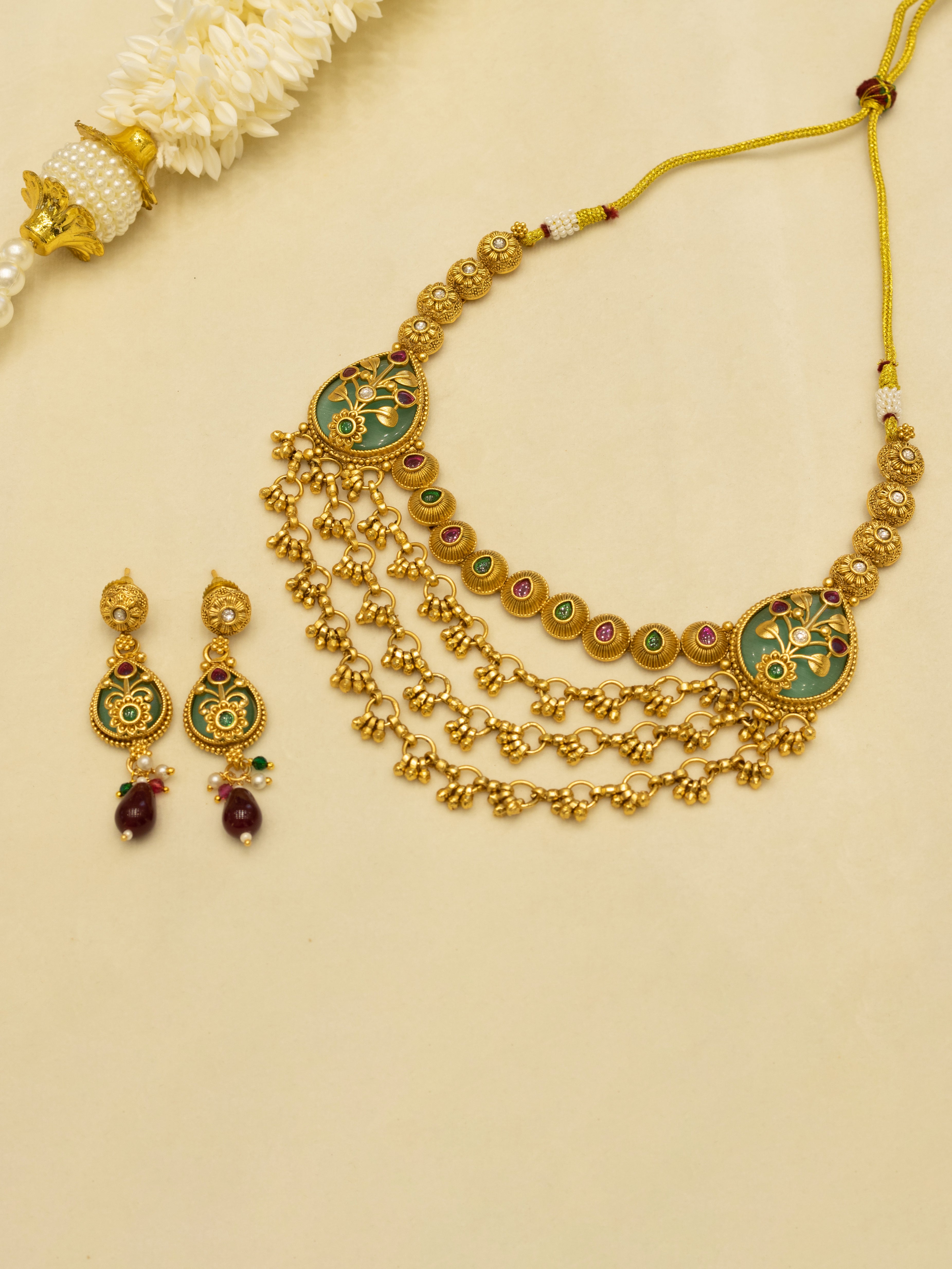 Aanura Layered Gold Necklace Set with Pearl Drop Earrings