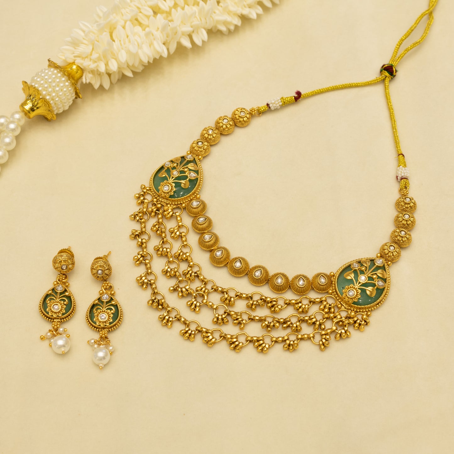 Aanura Layered Gold Necklace Set with Pearl Drop Earrings