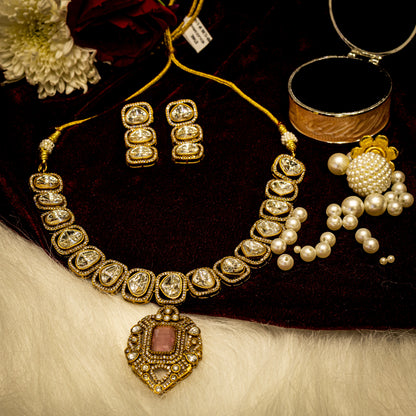 Aanura Kundan Necklace with Pink Stone Heritage Pendant