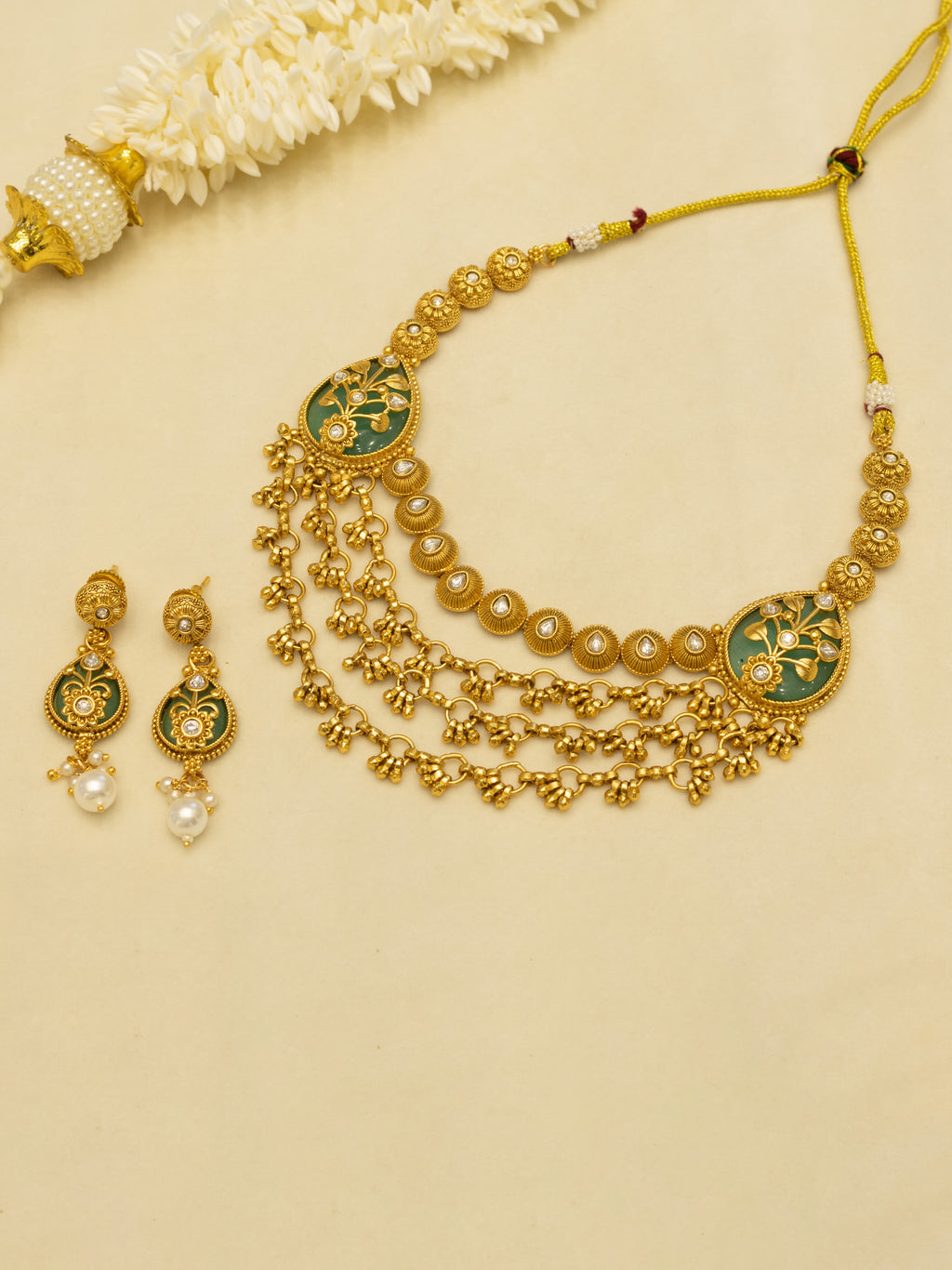 Aanura Layered Gold Necklace Set with Pearl Drop Earrings