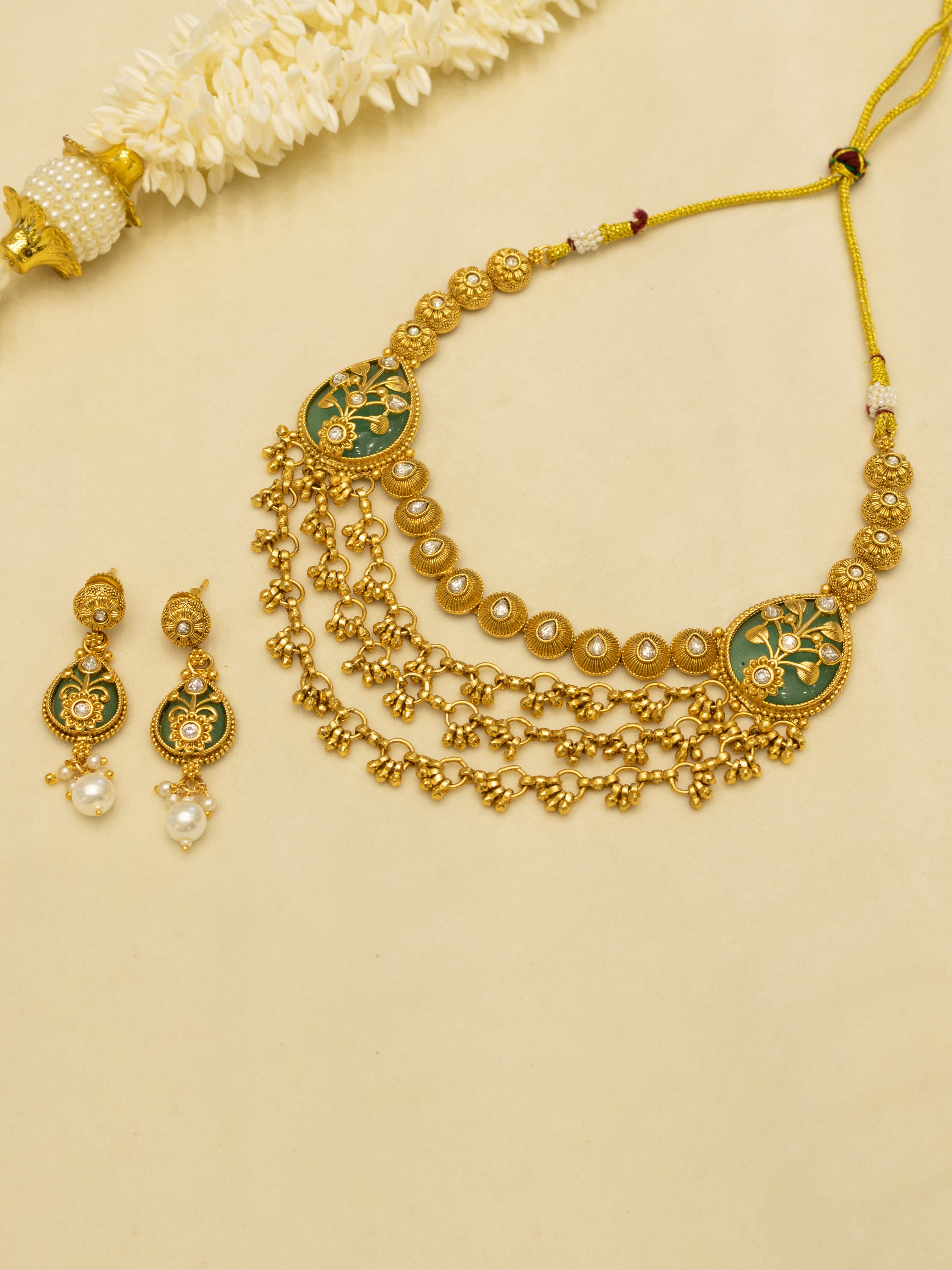 Aanura Layered Gold Necklace Set with Pearl Drop Earrings