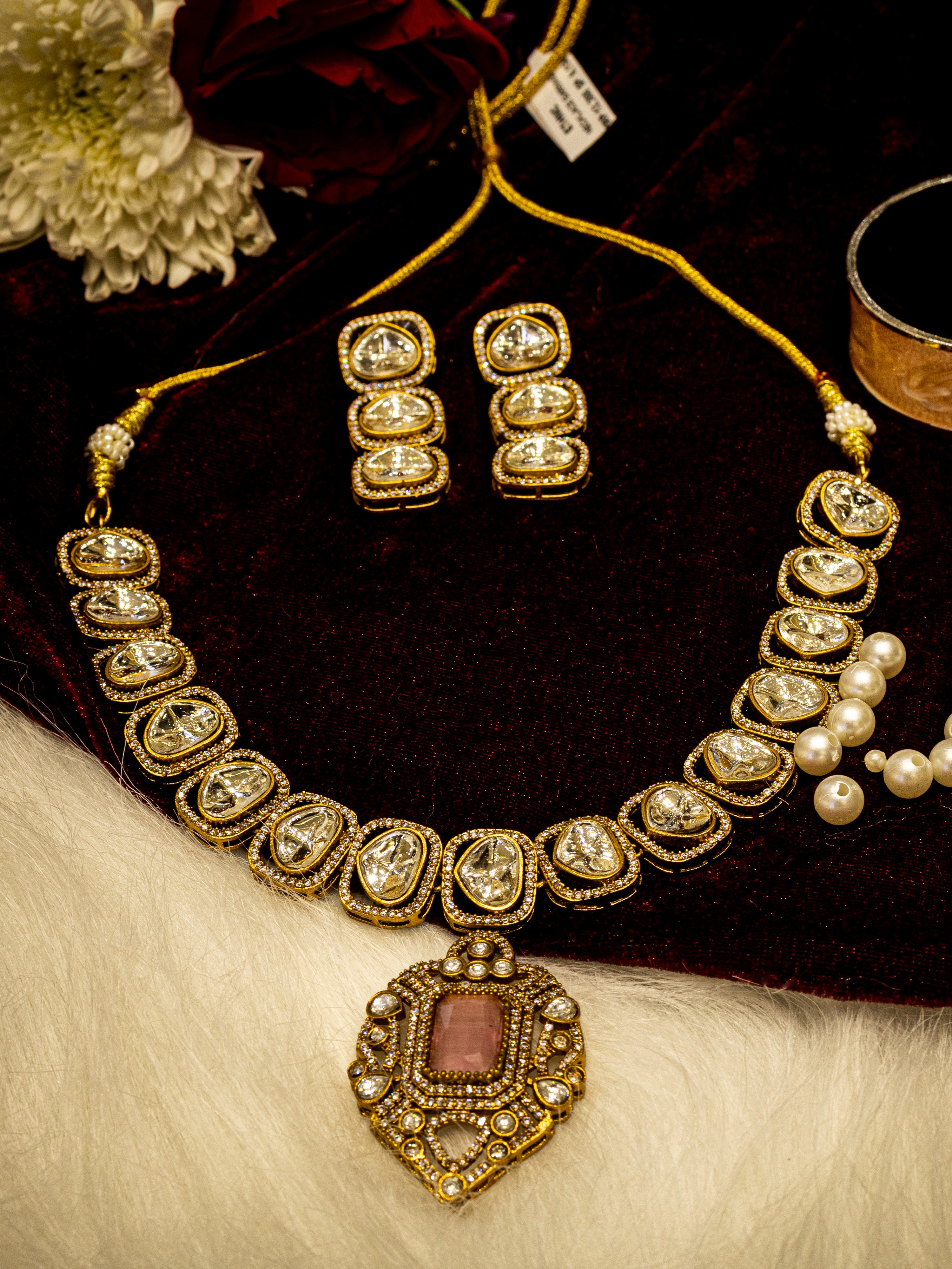 Aanura Kundan Necklace with Pink Stone Heritage Pendant