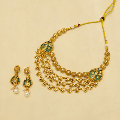 Aanura Layered Gold Necklace Set with Pearl Drop Earrings