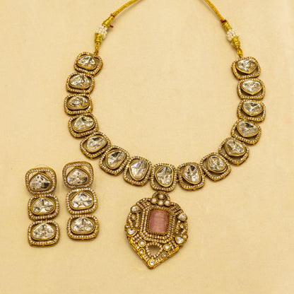 Aanura Kundan Necklace with Pink Stone Heritage Pendant