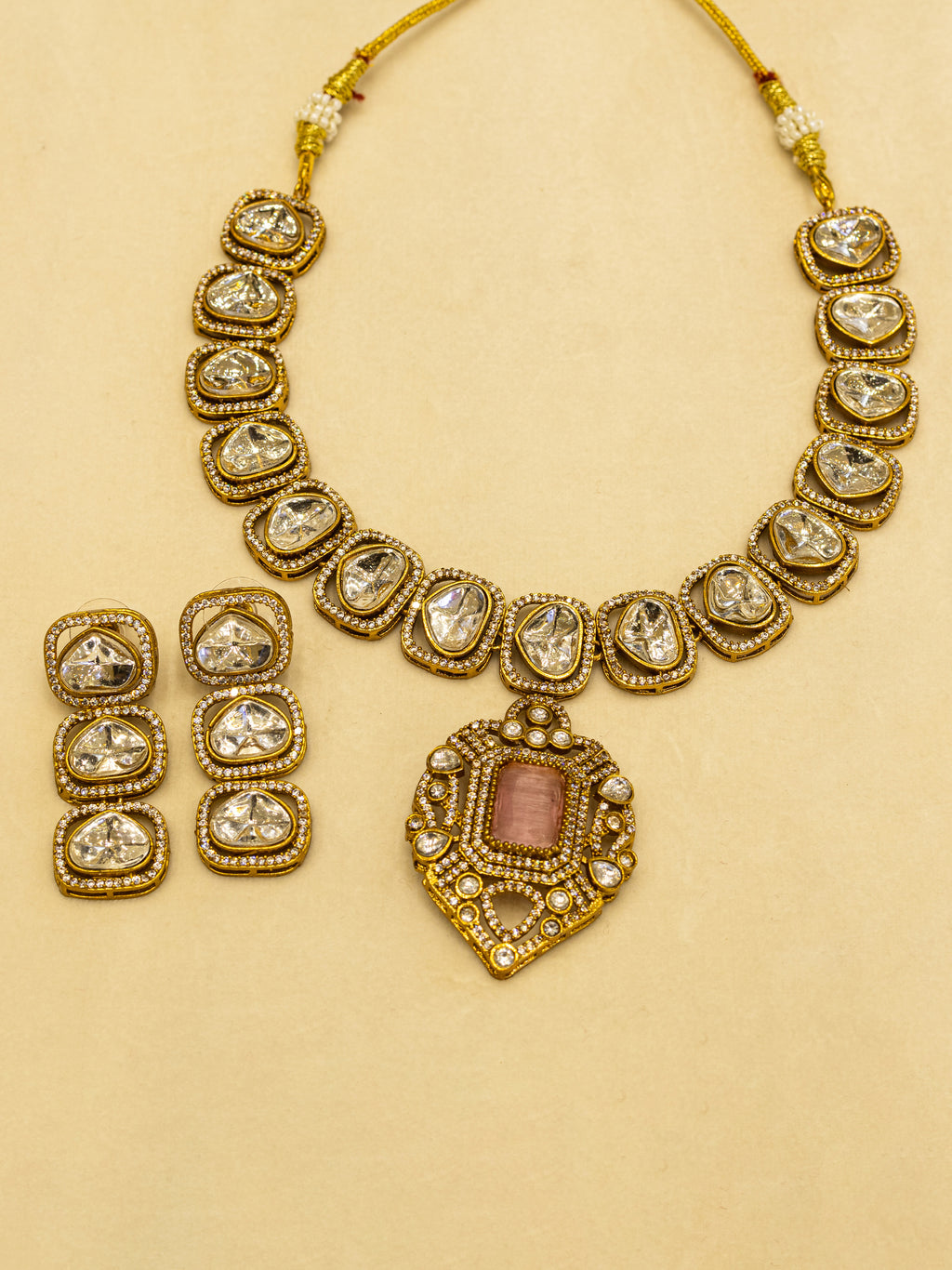 Aanura Kundan Necklace with Pink Stone Heritage Pendant