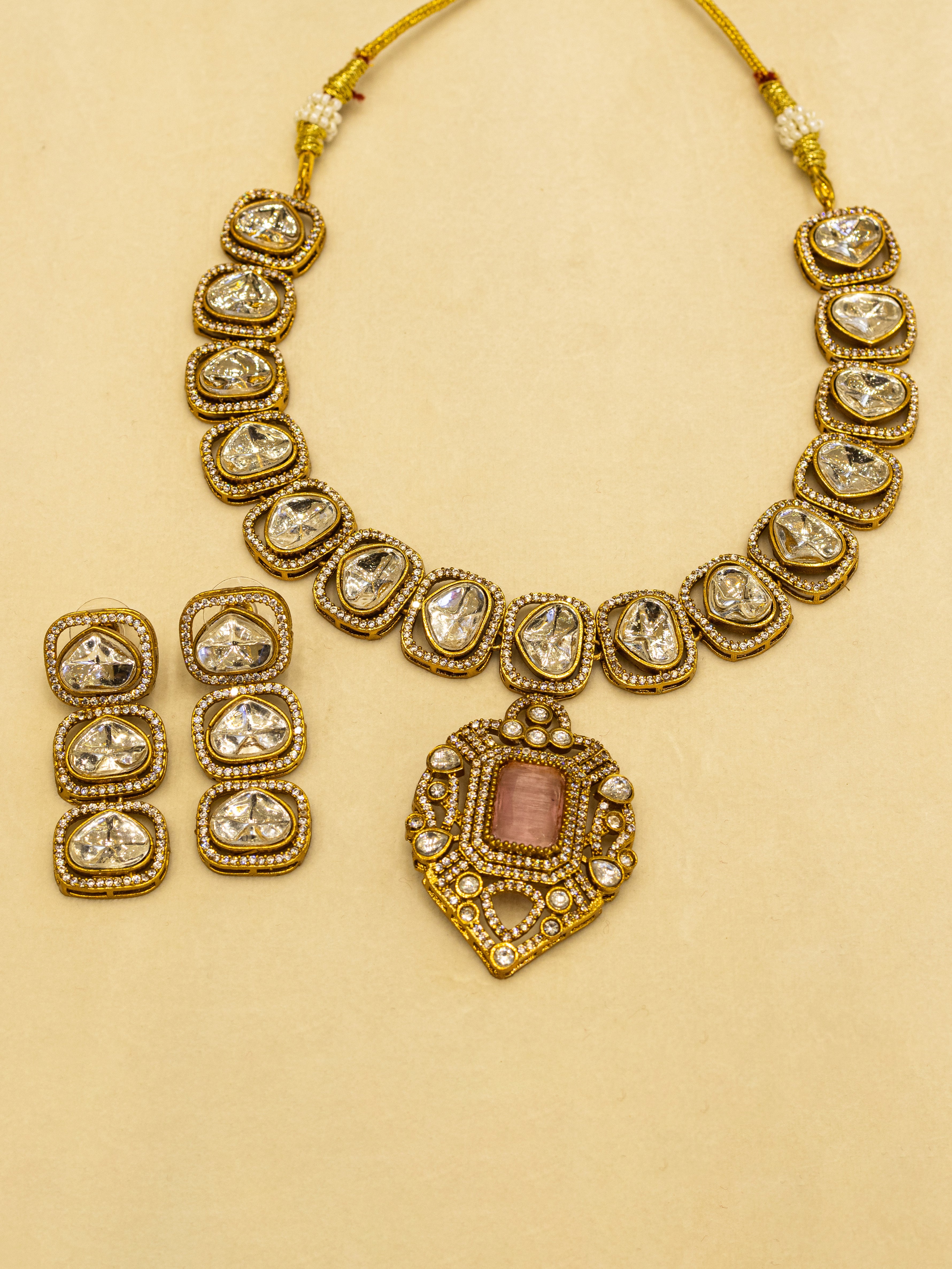 Aanura Kundan Necklace with Pink Stone Heritage Pendant