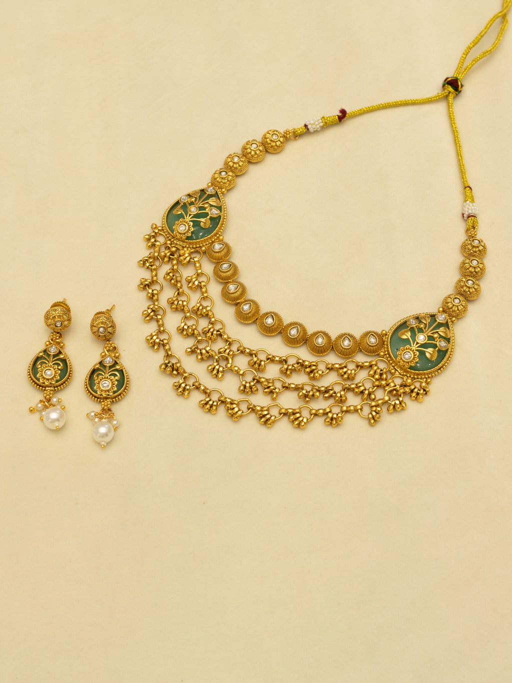 Aanura Layered Gold Necklace Set with Pearl Drop Earrings