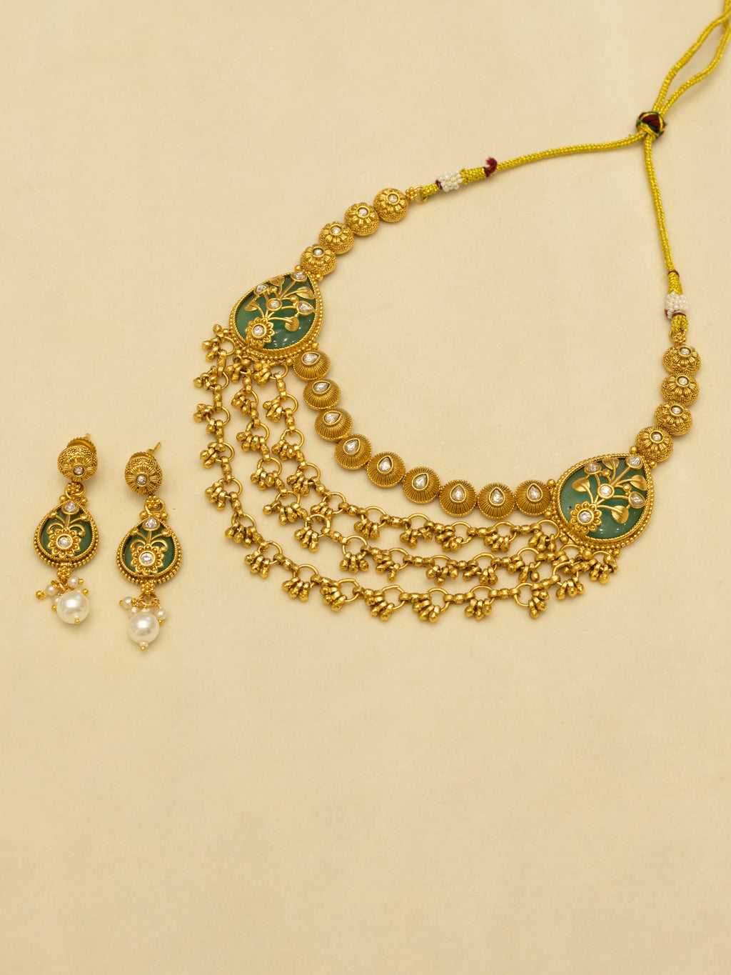 Aanura Layered Gold Necklace Set with Pearl Drop Earrings