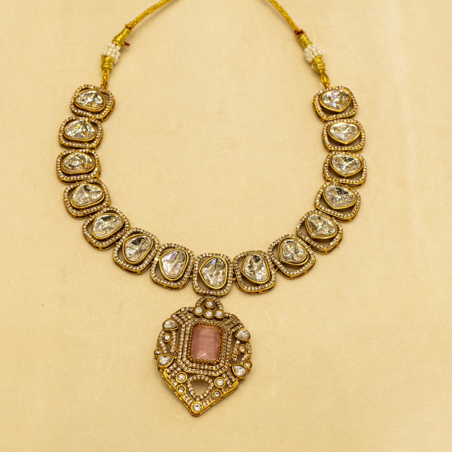 Aanura Kundan Necklace with Pink Stone Heritage Pendant