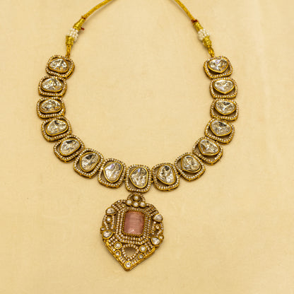 Aanura Kundan Necklace with Pink Stone Heritage Pendant