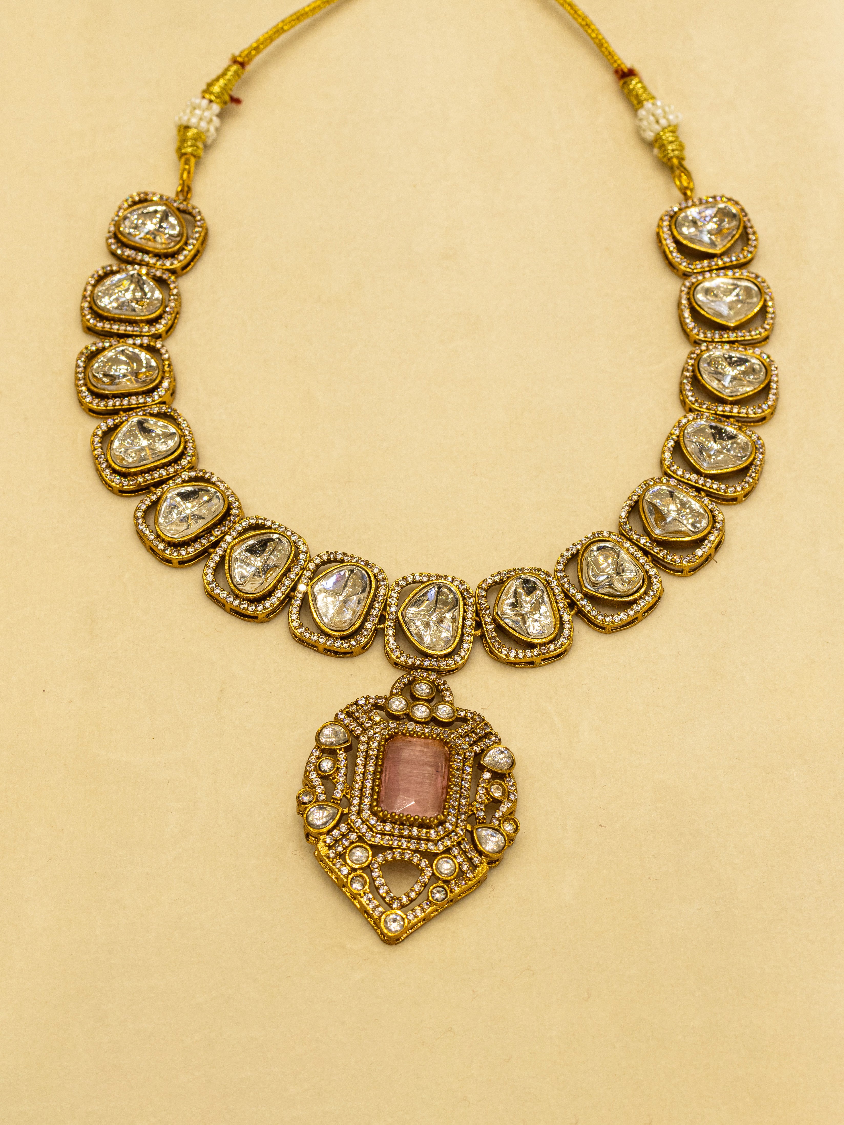 Aanura Kundan Necklace with Pink Stone Heritage Pendant