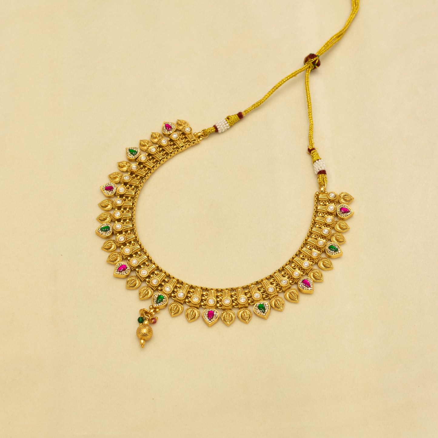 Aanura Antique Gold Choker Necklace with Drop Earrings