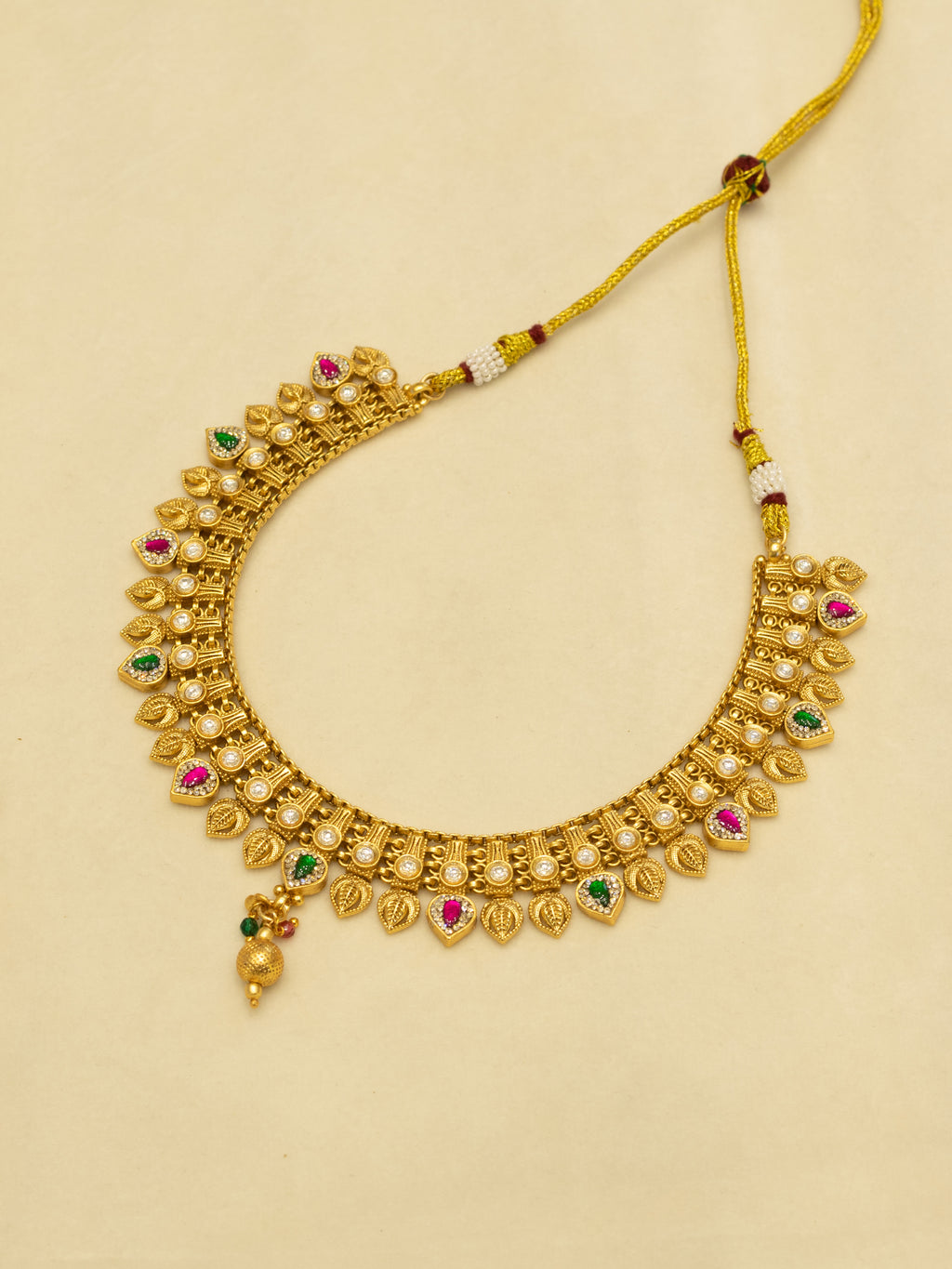 Aanura Antique Gold Choker Necklace with Drop Earrings