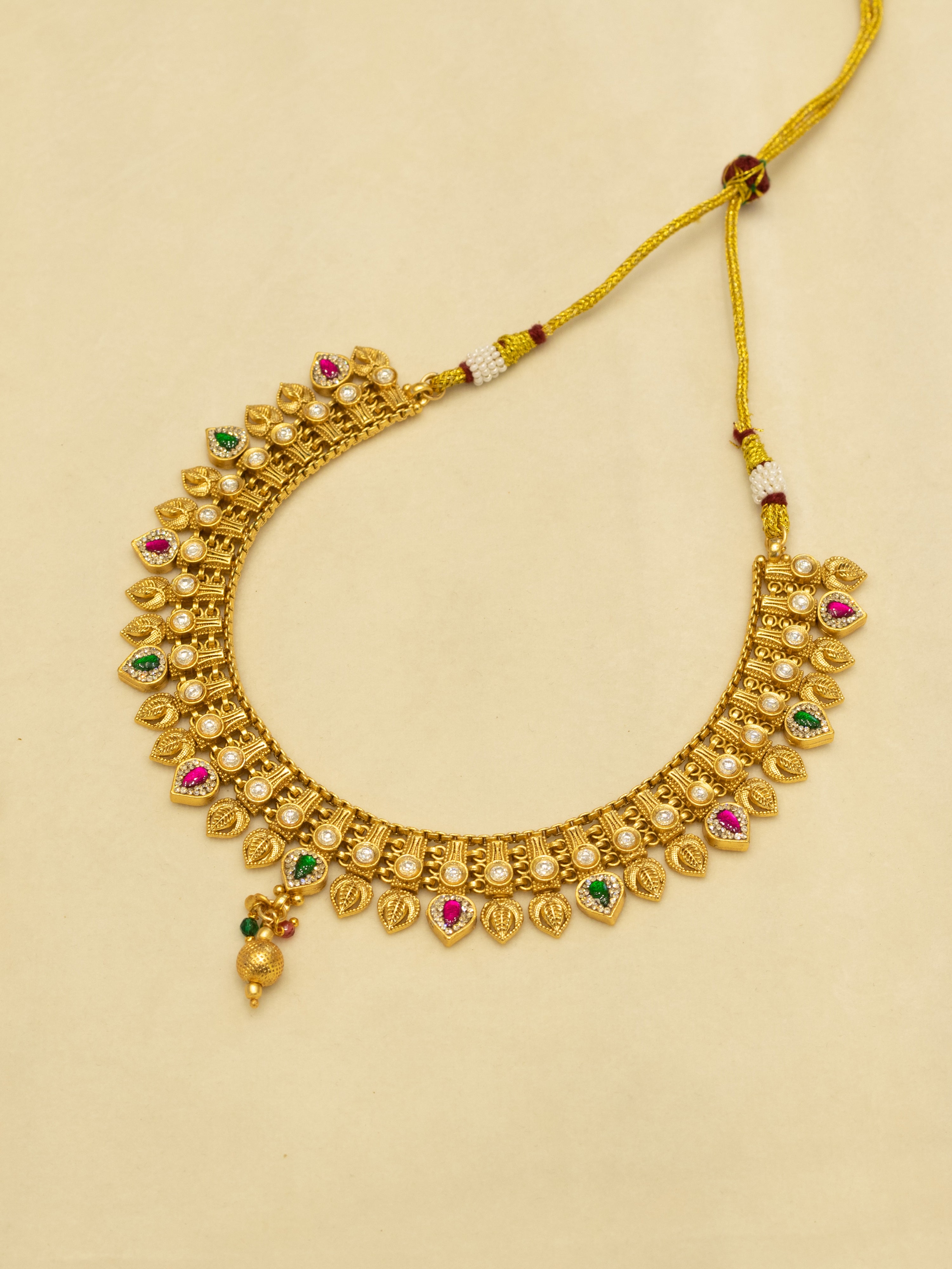 Aanura Antique Gold Choker Necklace with Drop Earrings