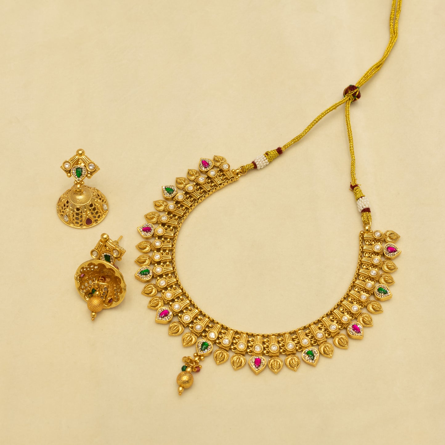 Aanura Antique Gold Choker Necklace with Drop Earrings