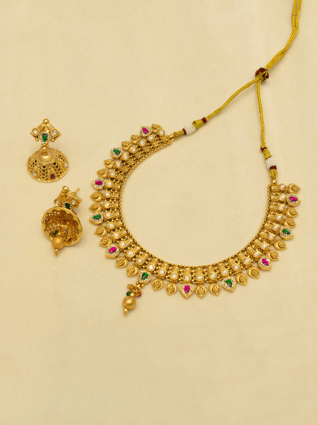 Aanura Antique Gold Choker Necklace with Drop Earrings