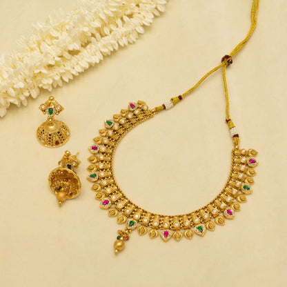 Aanura Antique Gold Choker Necklace with Drop Earrings