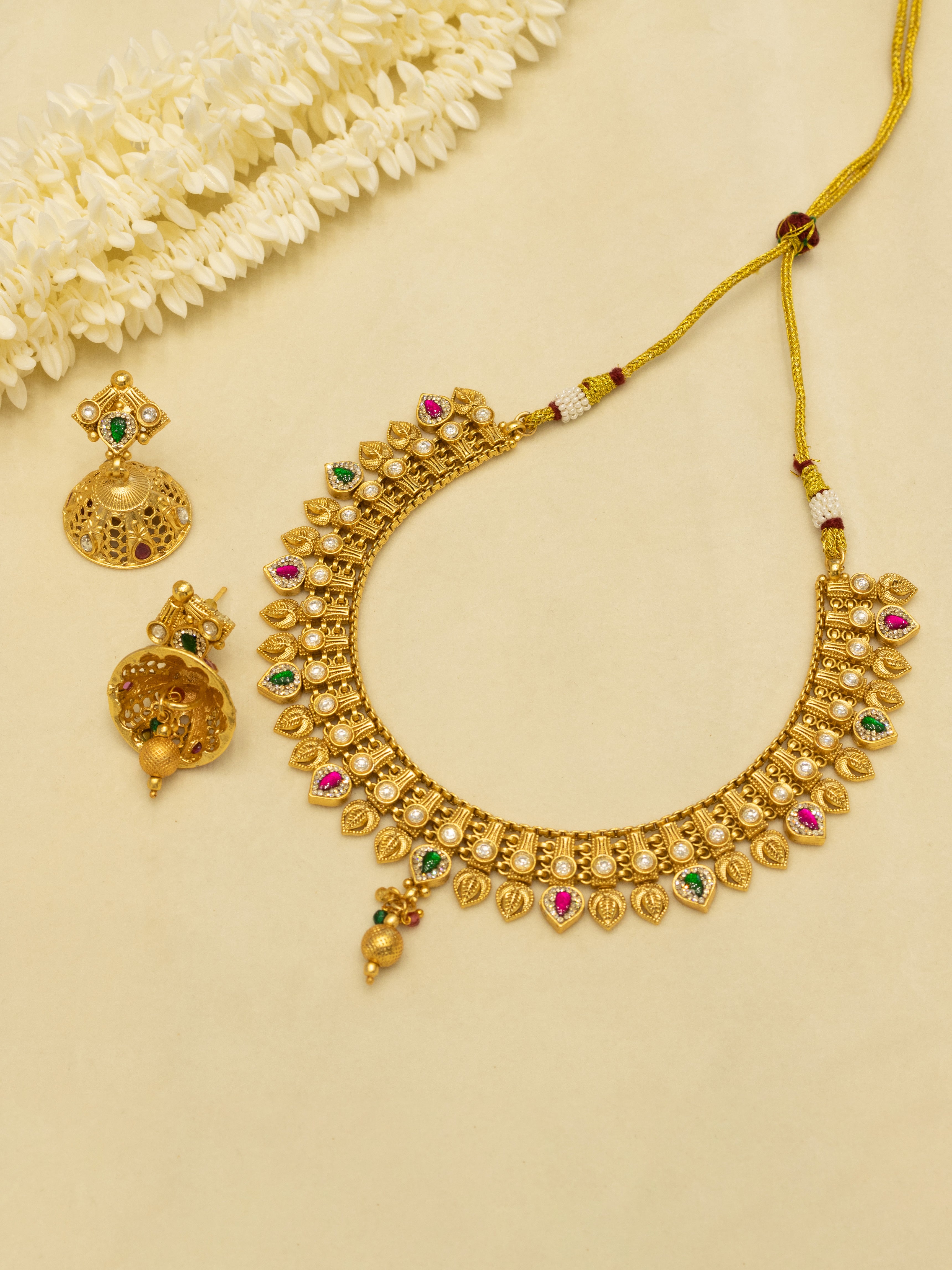 Aanura Antique Gold Choker Necklace with Drop Earrings