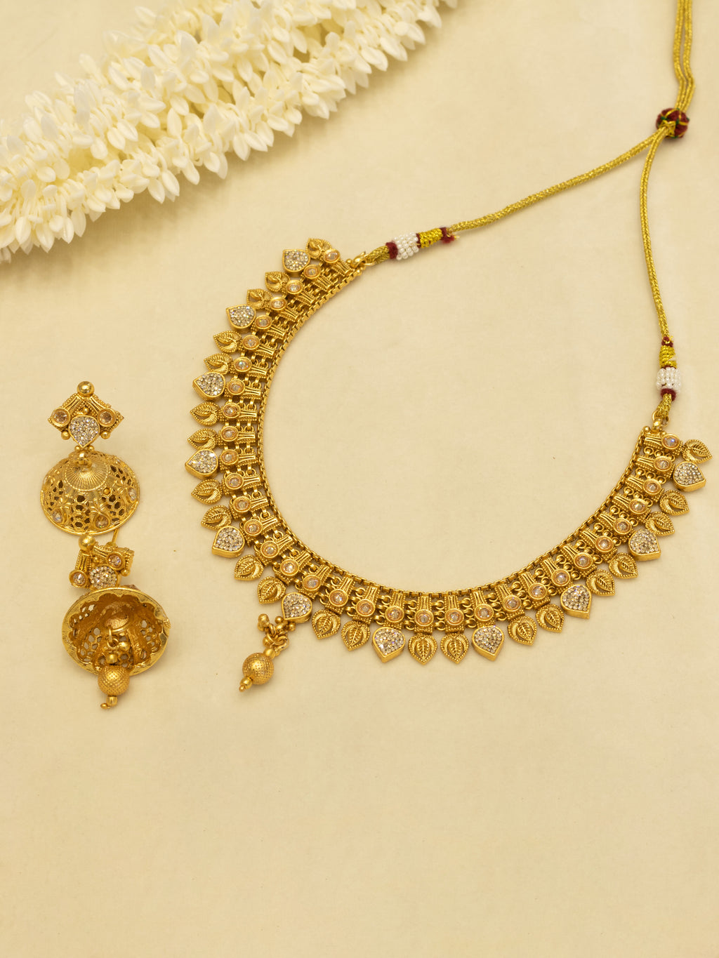 Aanura Antique Gold Choker Necklace with Drop Earrings