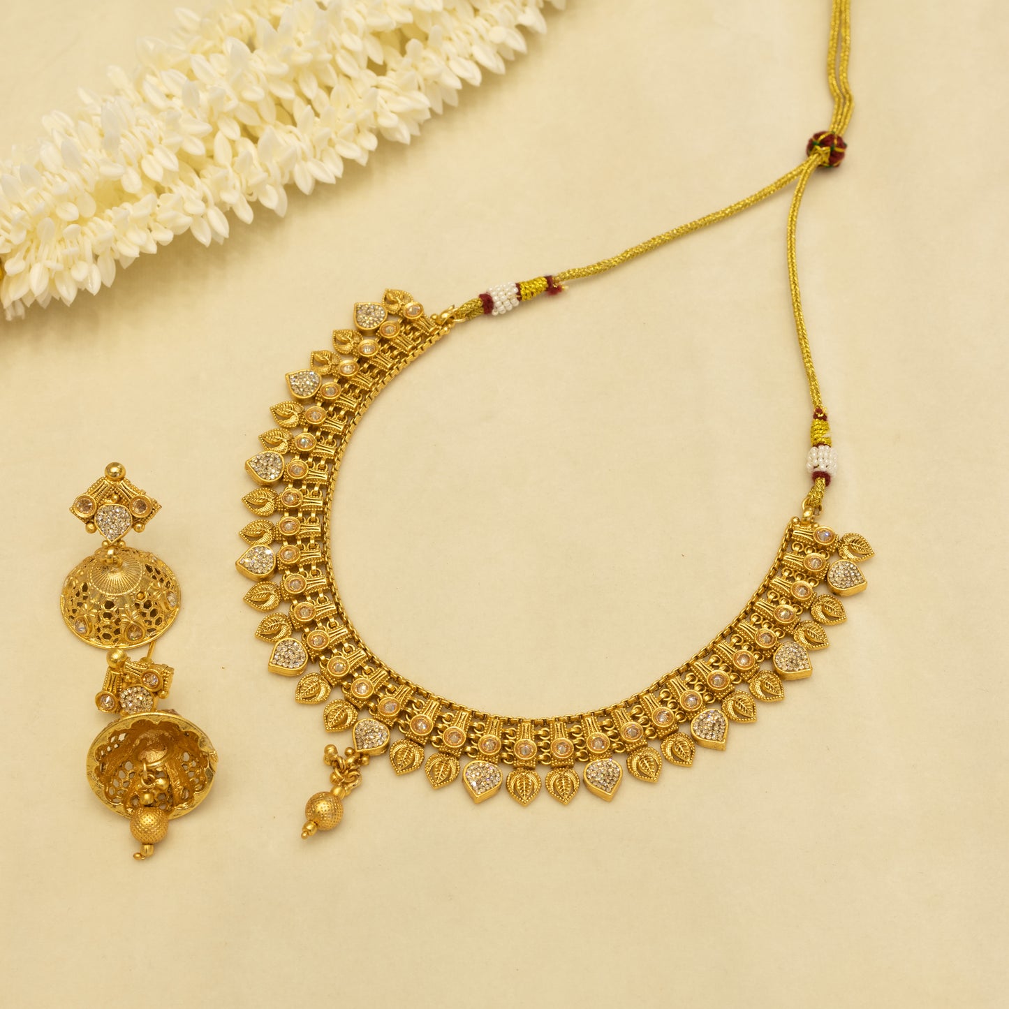 Aanura Antique Gold Choker Necklace with Drop Earrings