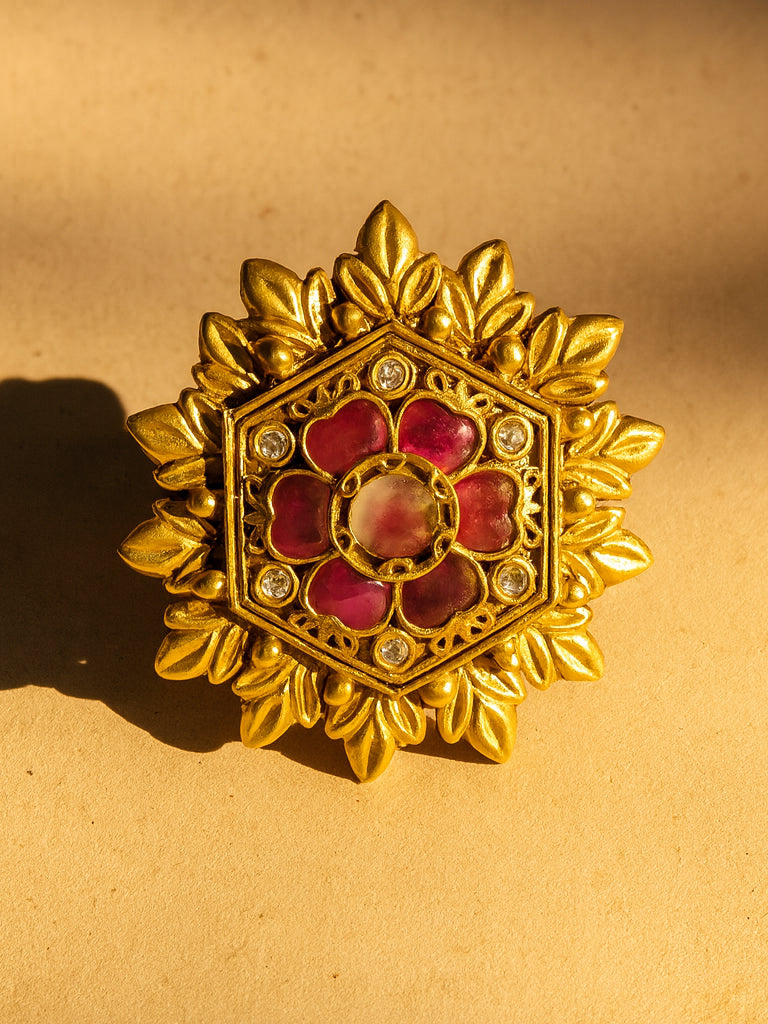 Aanura Gold-Plated Hexagon Green Floral Ring
