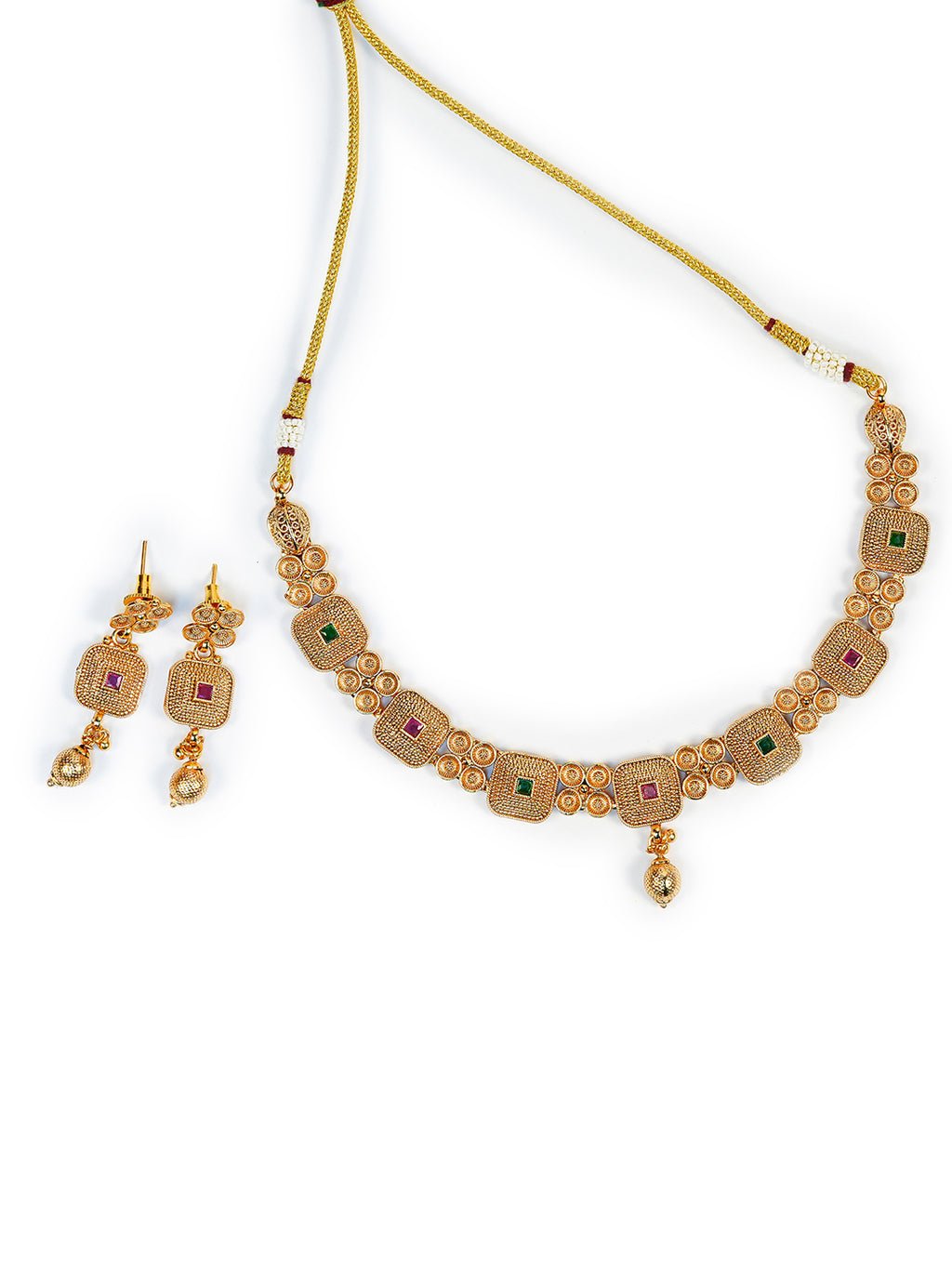 Aanura Gold Plated Ruby Grid Necklace Set