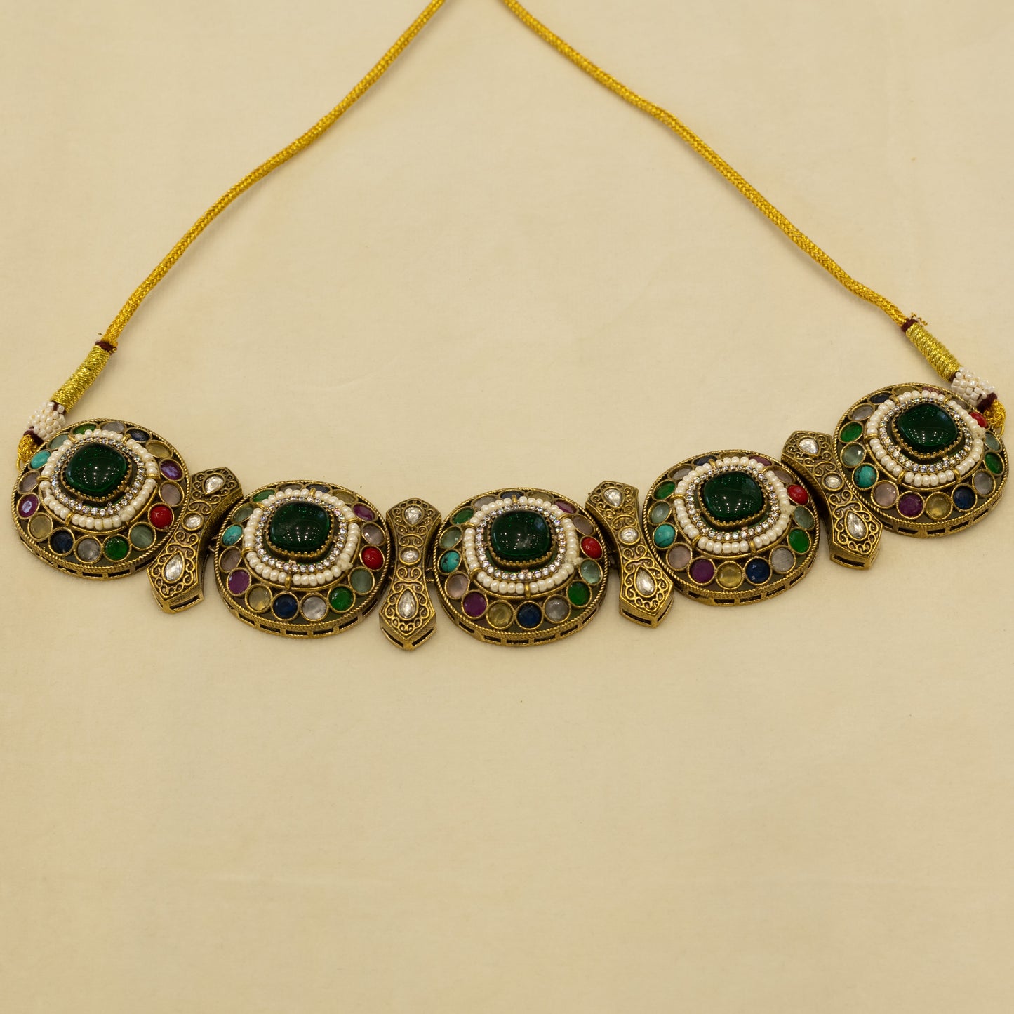 Aanura Navratna Choker Necklace with Green Center Stones