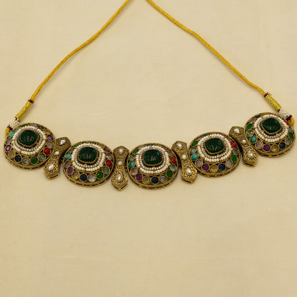 Aanura Navratna Choker Necklace with Green Center Stones