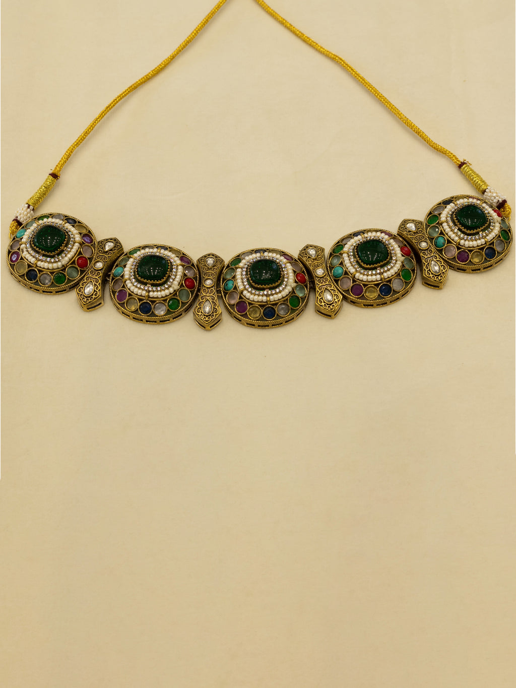 Aanura Navratna Choker Necklace with Green Center Stones