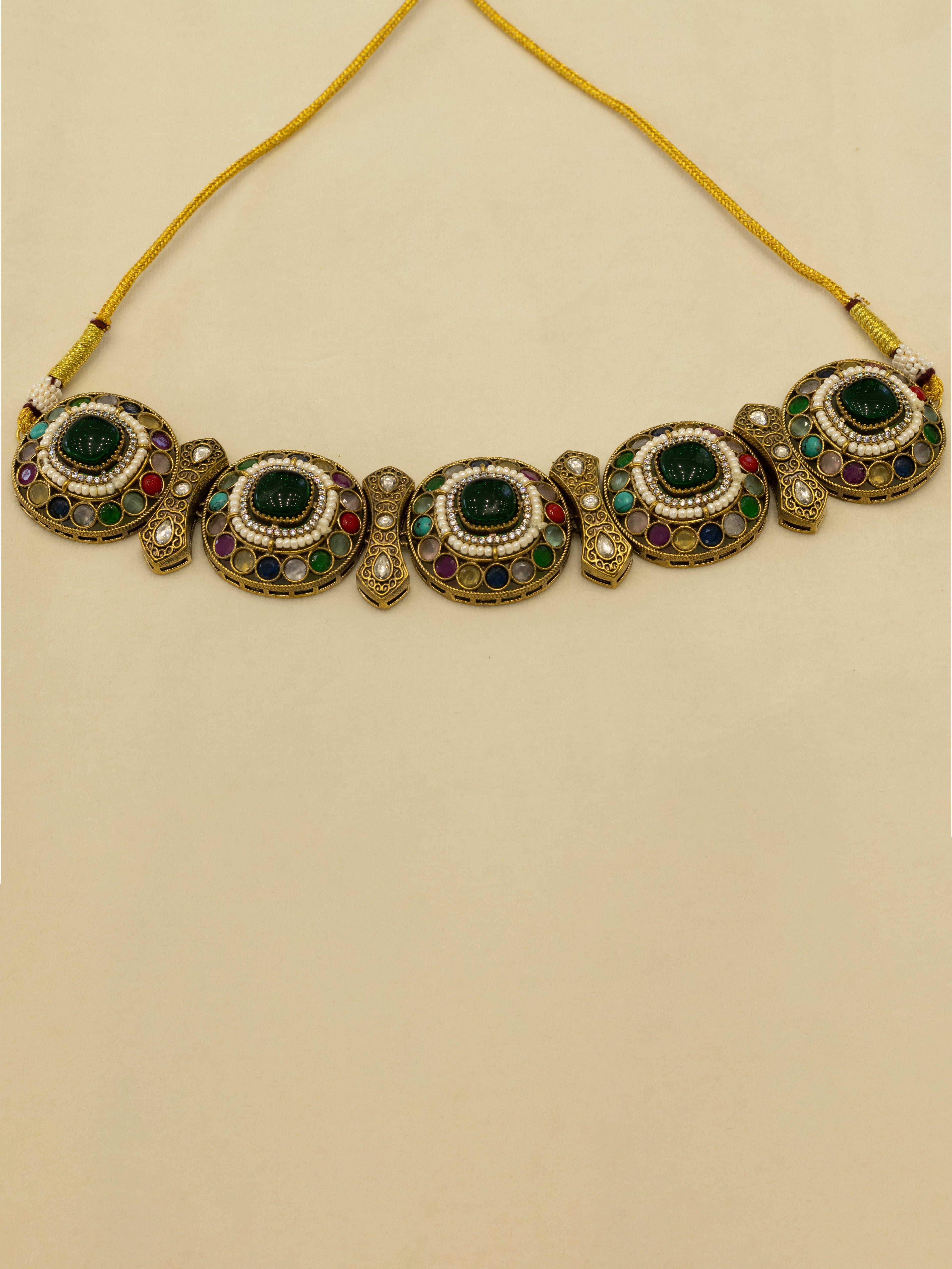 Aanura Navratna Choker Necklace with Green Center Stones
