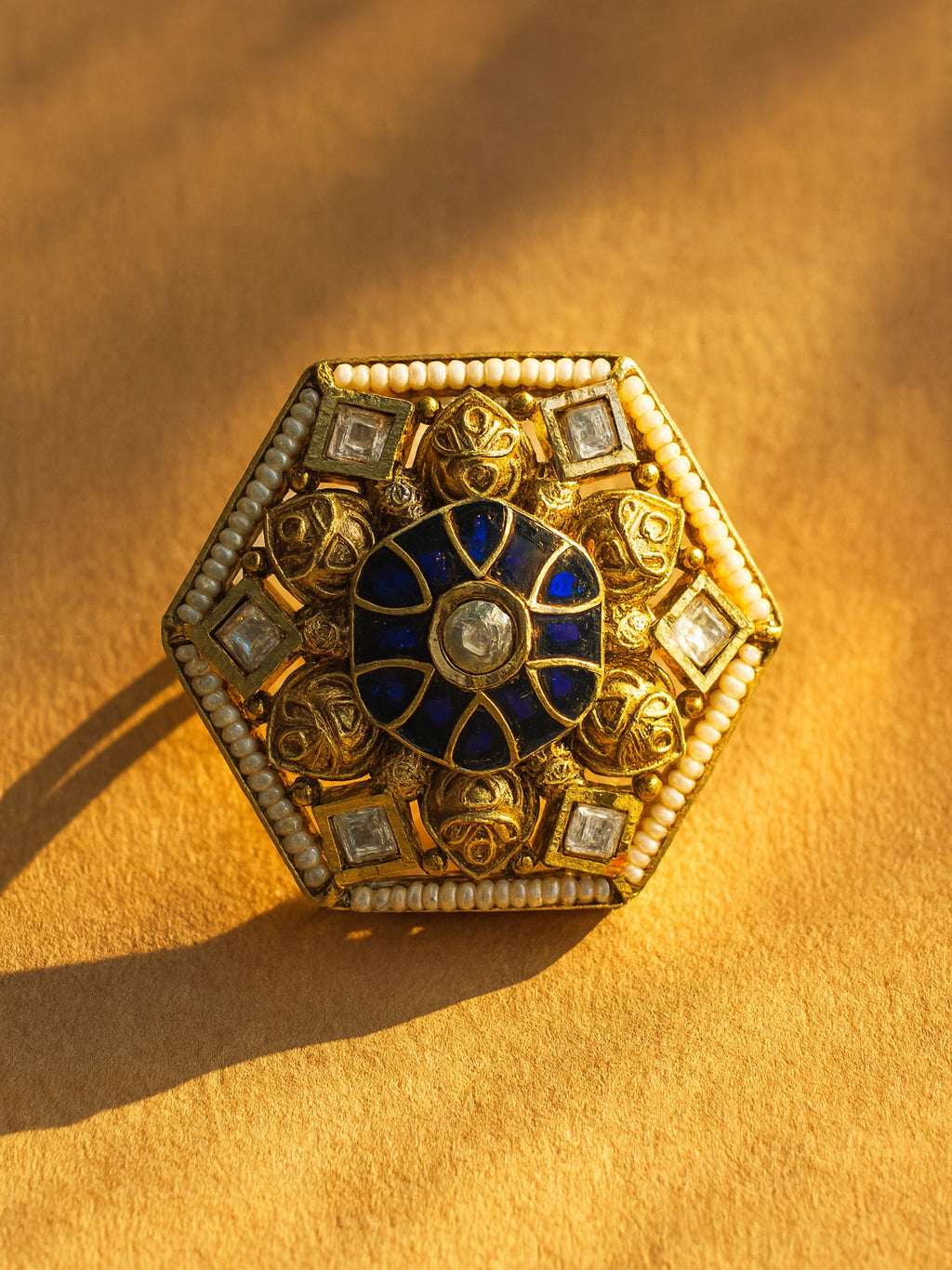 Aanura Gold-Plated Hexagon Green & Ruby Statement Ring
