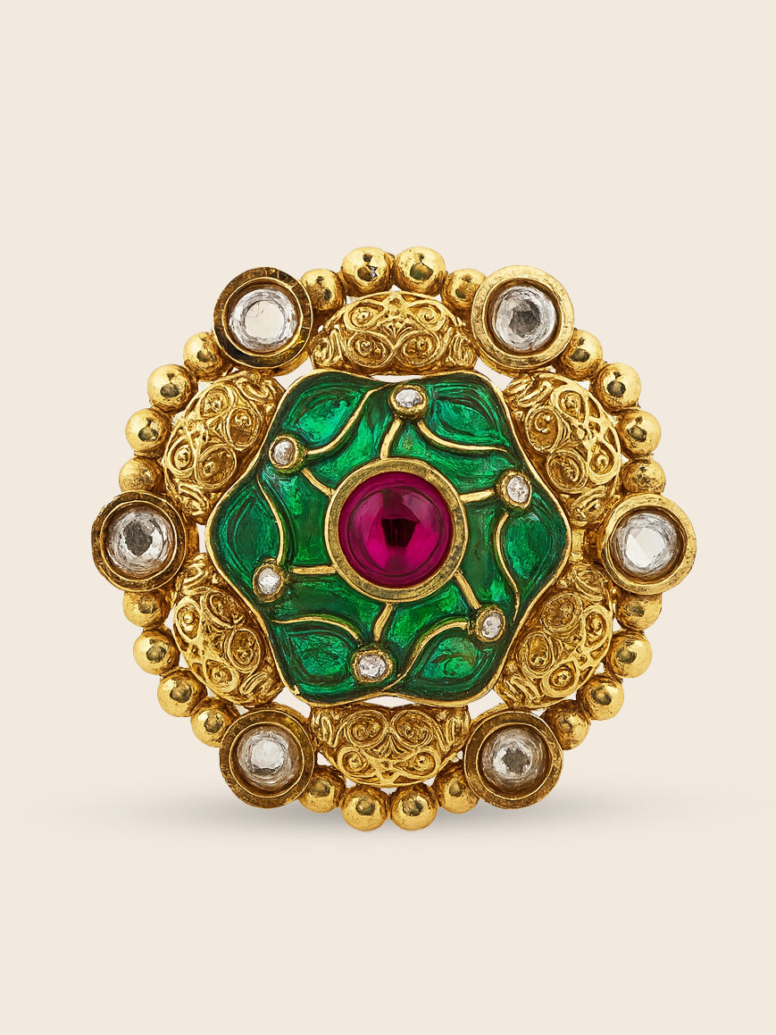 Aanura Gold-Plated Round Ruby & Green Floral Ring
