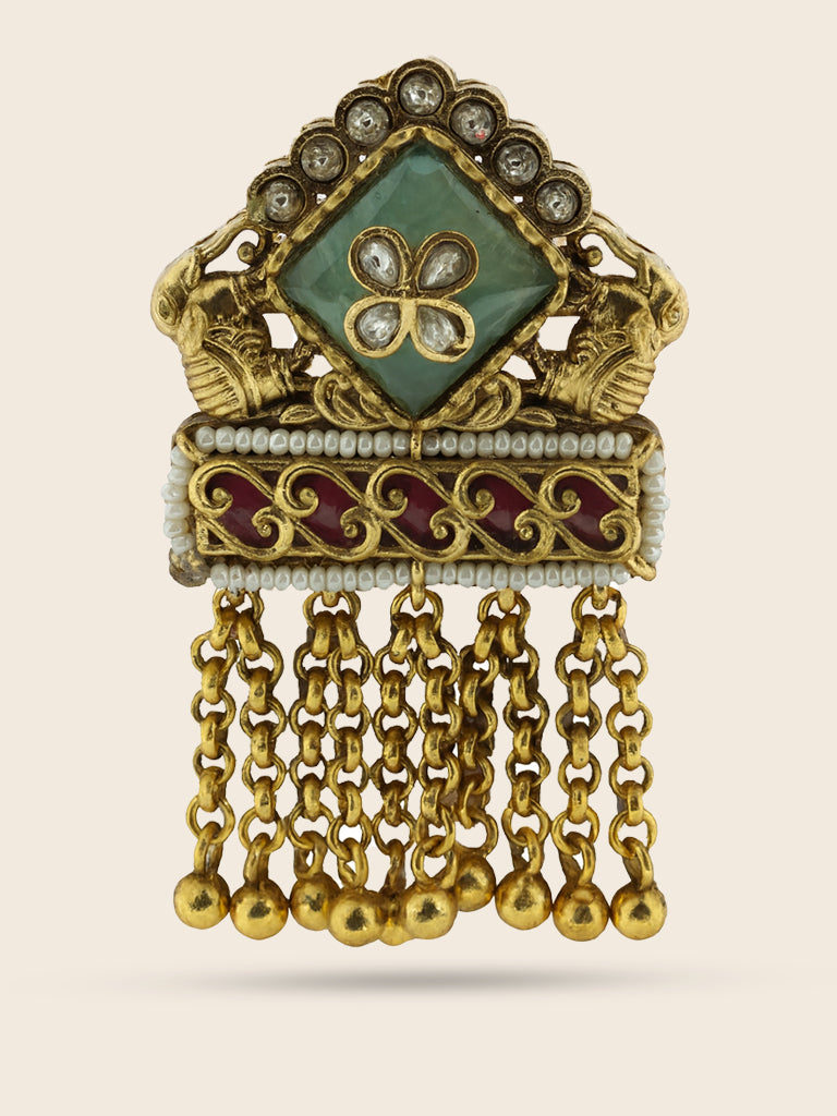 Aanura Gold-Plated Green Kundan Tassel Ring